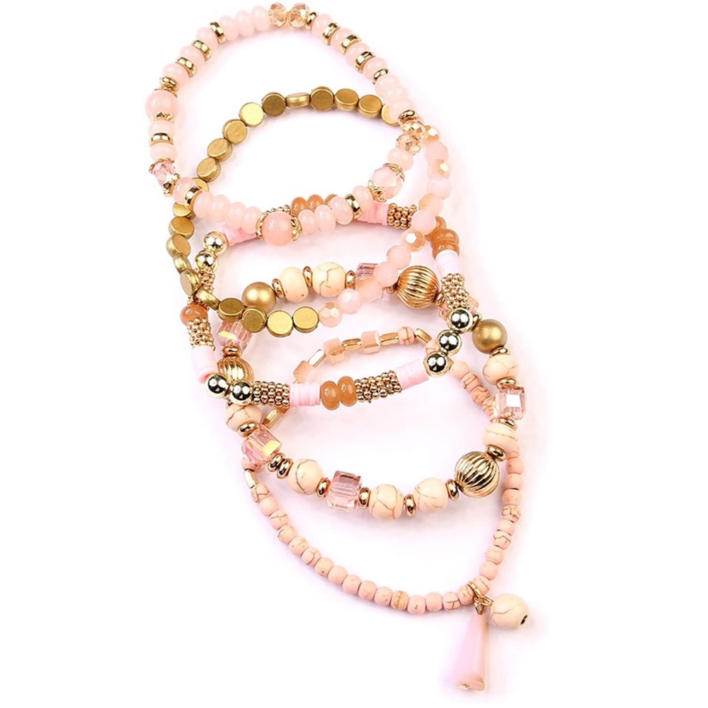 Stacked Bracelets (5) Natural Pink Tassel Charms - Picture 2 of 5